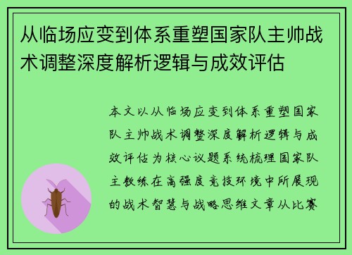 从临场应变到体系重塑国家队主帅战术调整深度解析逻辑与成效评估